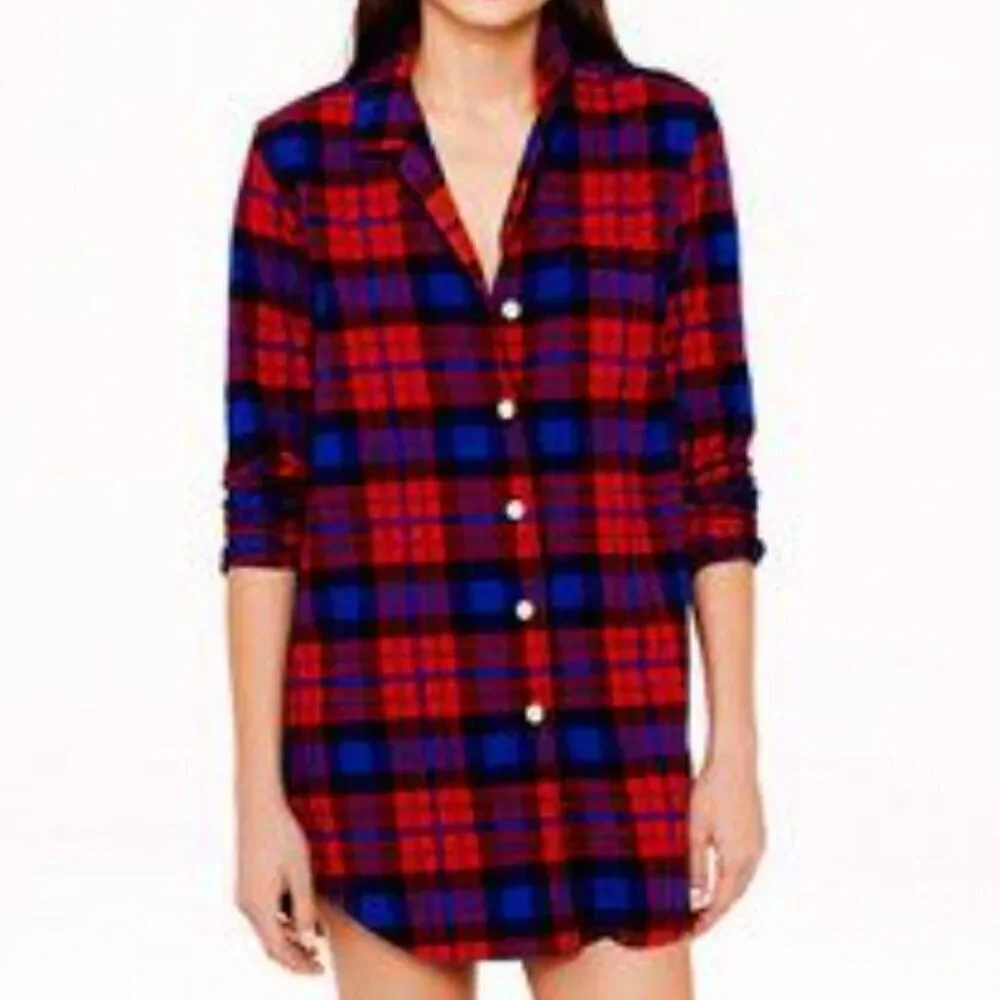 3/$50 J Crew Plaid Vintage Red Blue Cotton Button Down Flannel Shirt Tunic Small